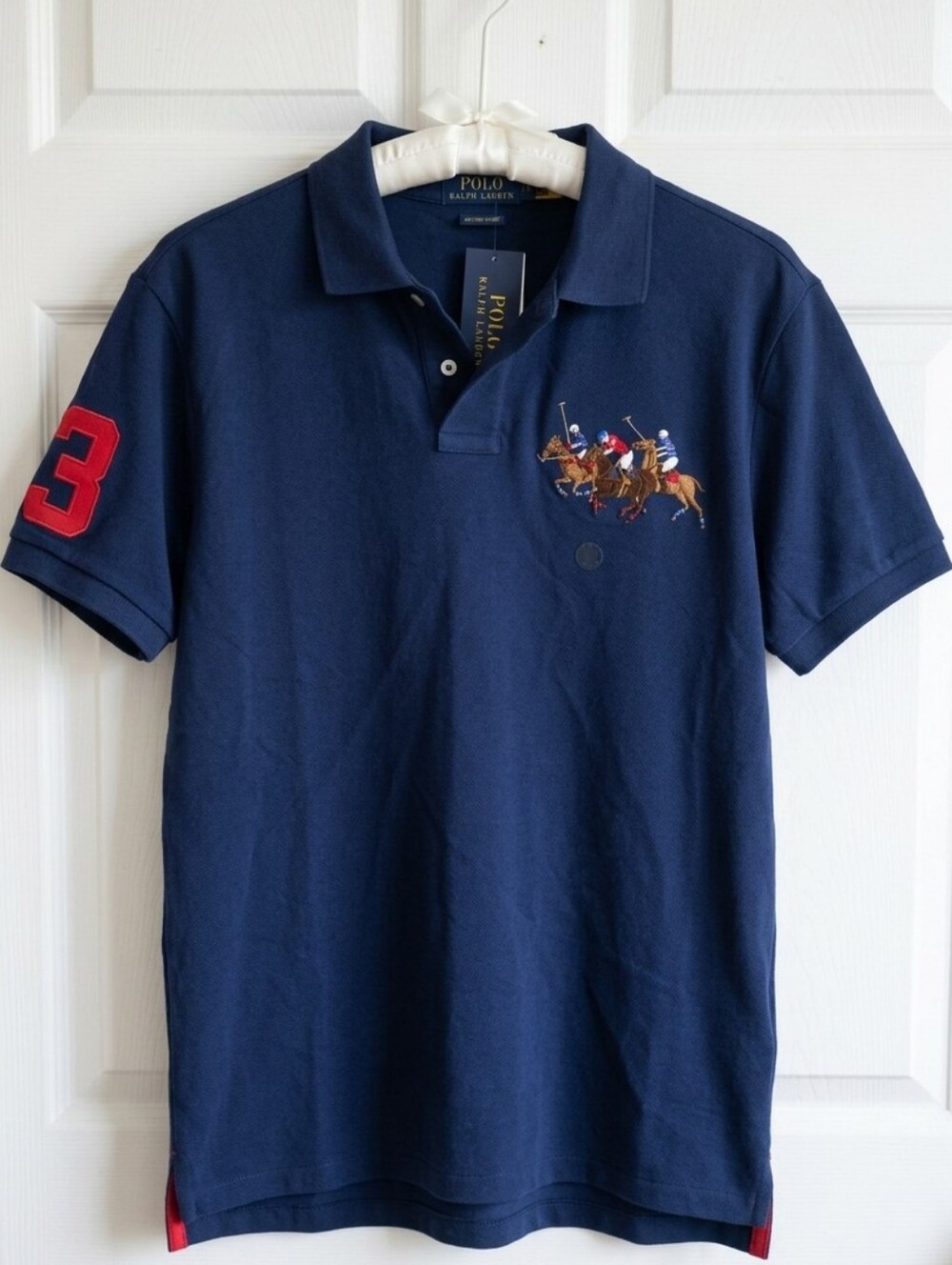 NWT Polo Ralph Lauren Multi-Pony Polo Shirt Navy Blue Custom Slim Fit Size L